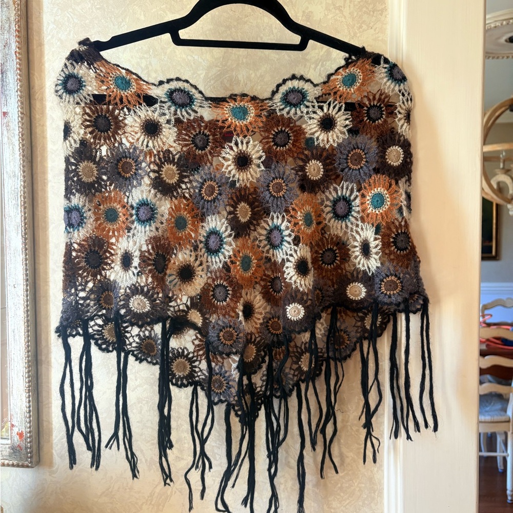 Crochet Floral Poncho with Fringe